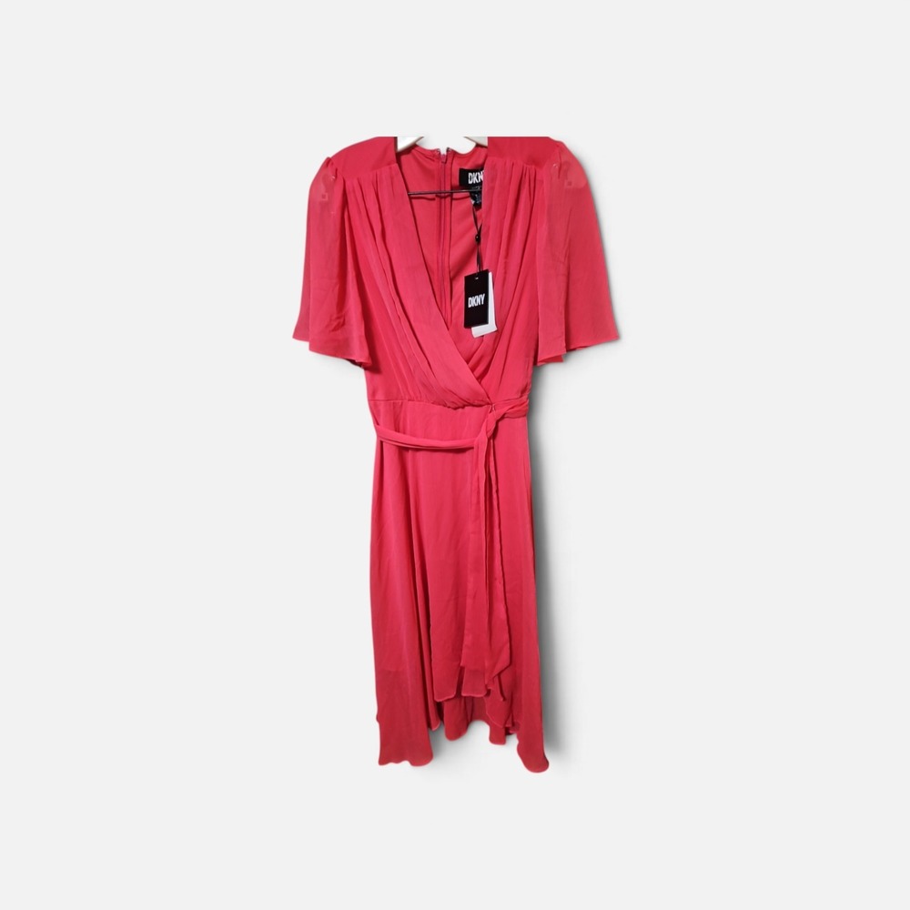 DKNY Womens Pink Faux Wrap Midi Dress Short Flutter Sleeve V-Neck  0536